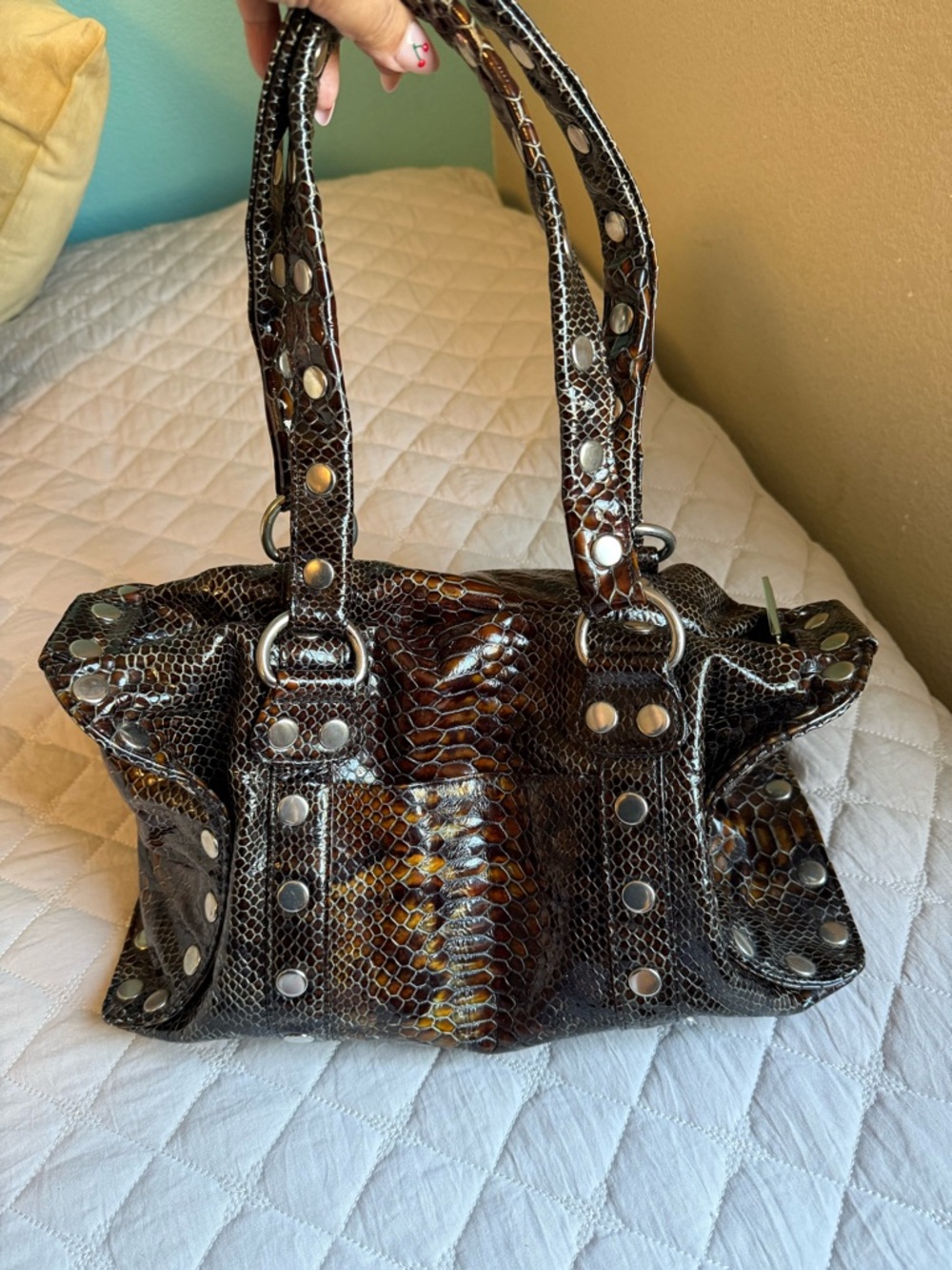 Hammitt Leather Studded Handbag – Brown Snakeskin Embossed - Picture 7 of 16